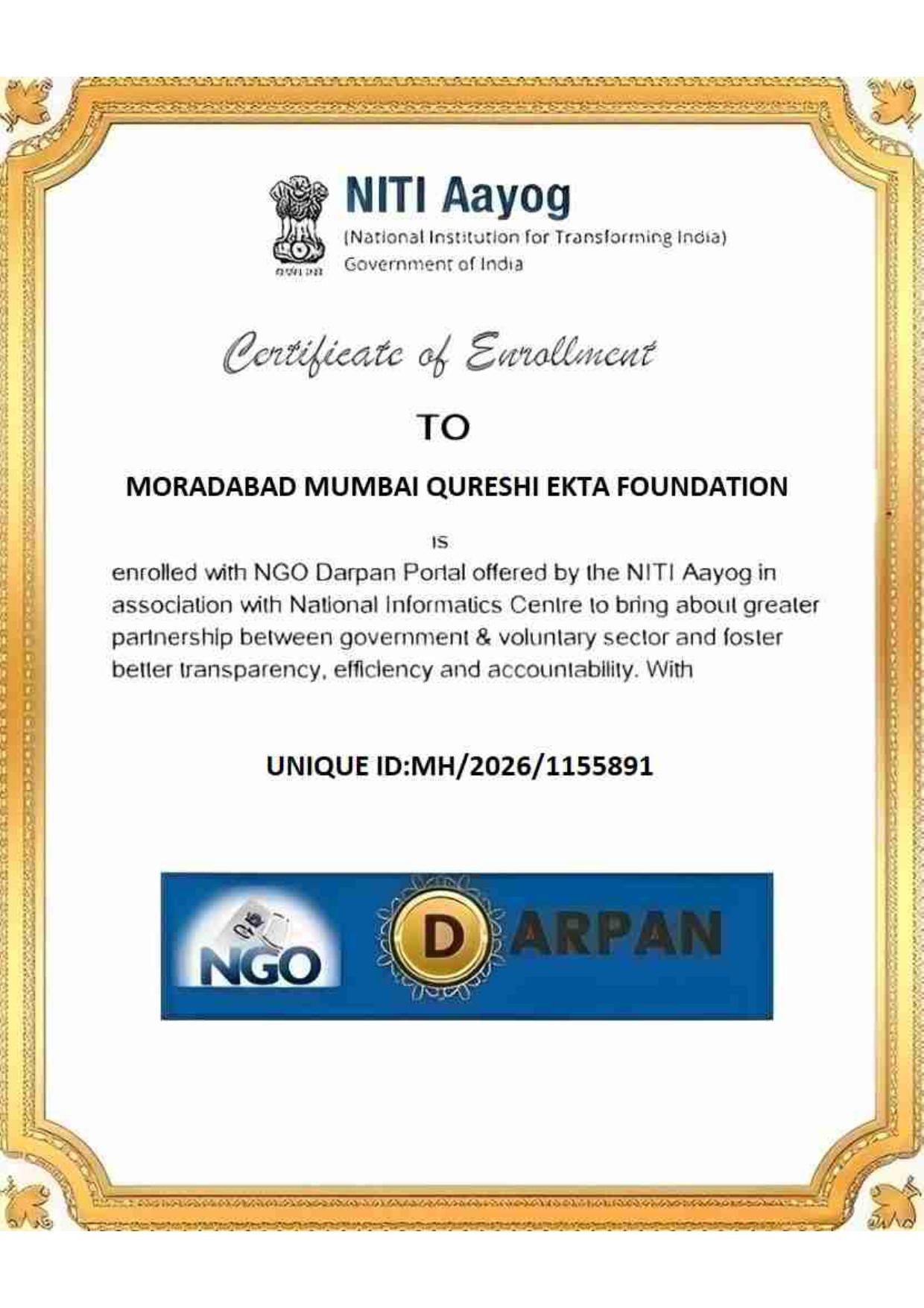 NGO Darpan Official Certificate
